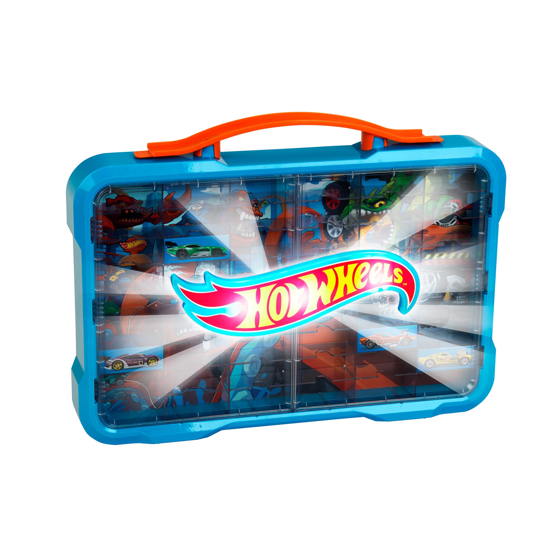 Sammelkoffervitrine für 54 Autos mit leuchtendem Hot Wheels Logo