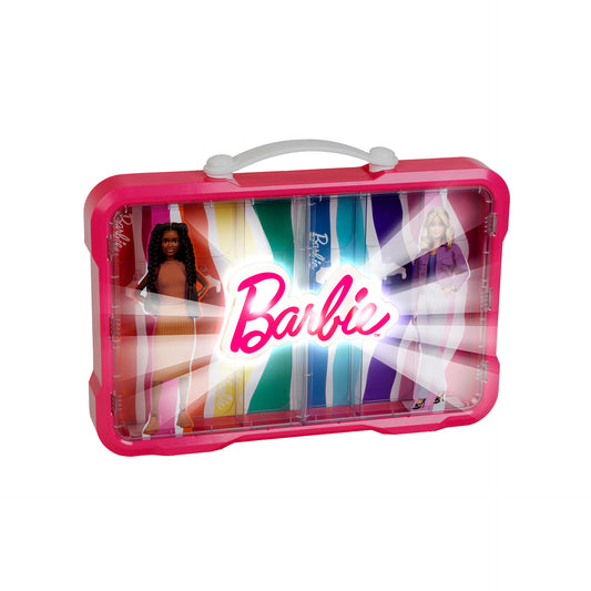 Sammelkoffervitrine für 6 Barbies mit leuchtendem Barbie Logo