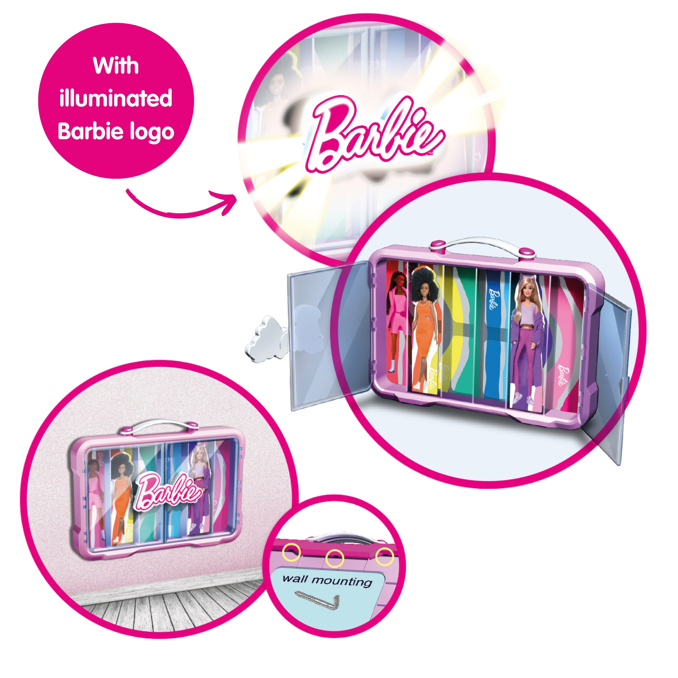 Sammelkoffervitrine für 6 Barbies mit leuchtendem Barbie Logo